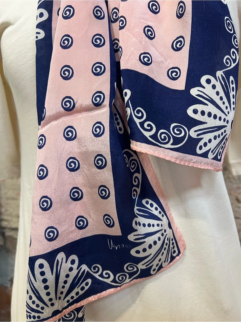 Vintage Vera Neumann  silk Oblong Scarf hand rolled pink navy floral design